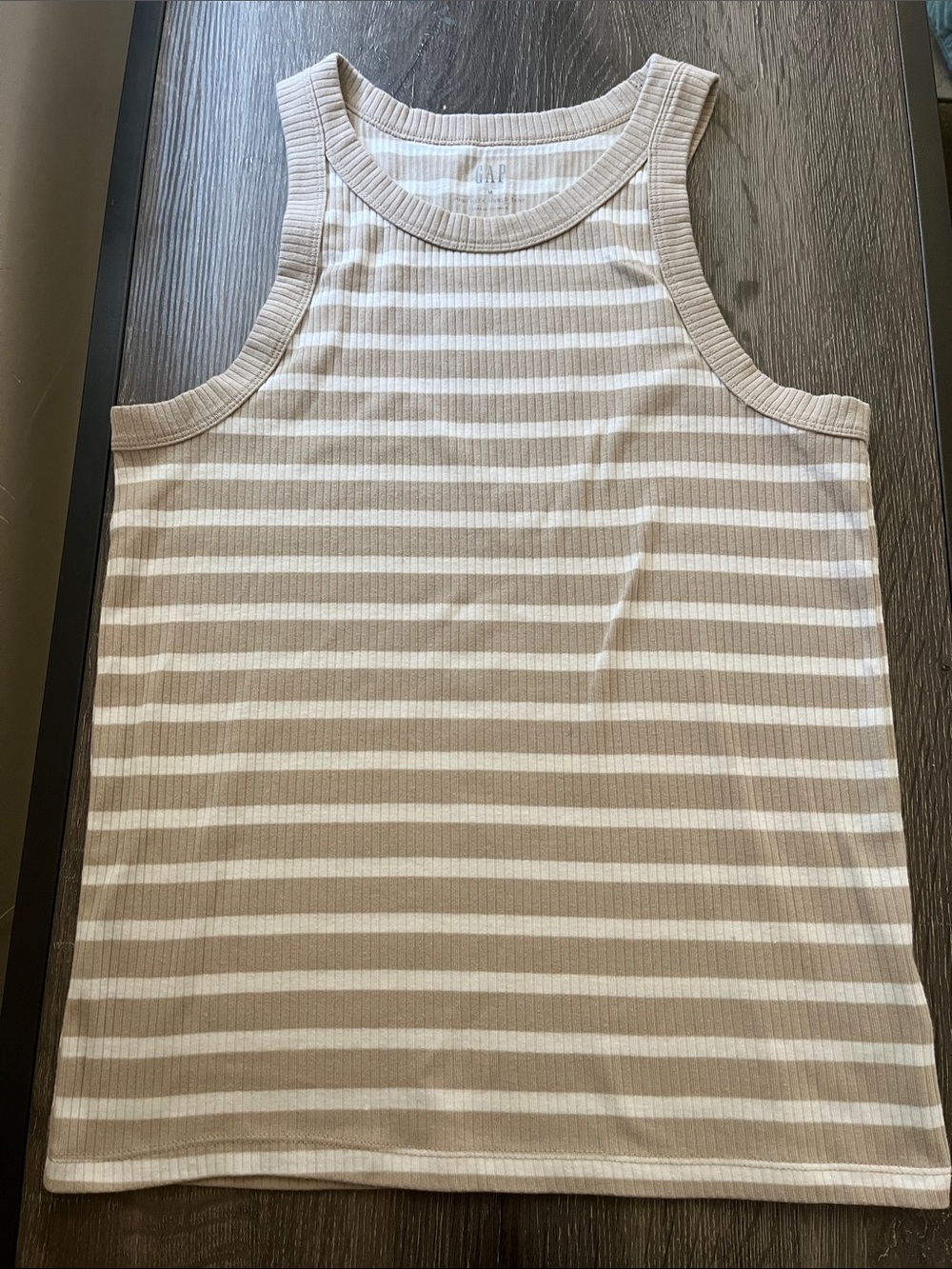2 GAP Beige and White/Blue Ribbed High Neck Tank